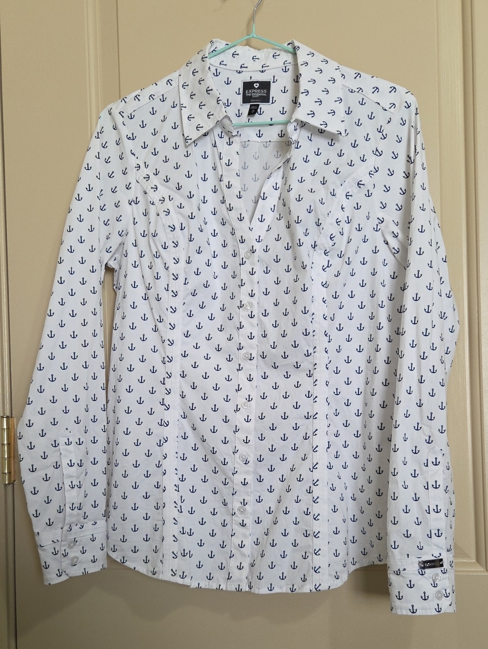 Express The Essential Shirt. White Button-Up Shirt with Navy Anchor Print